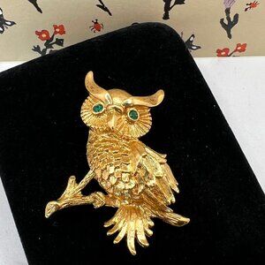 Monet Green Eyed Owl Brooch